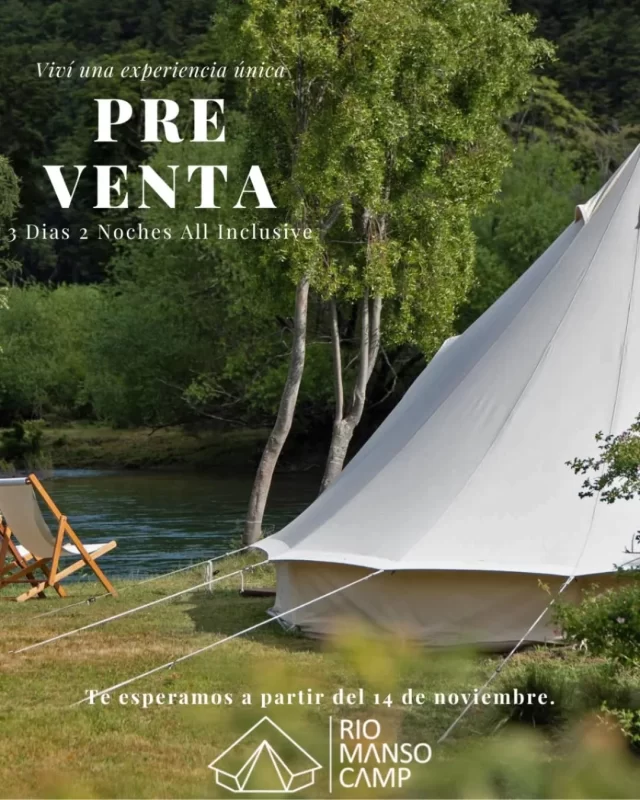 Disfruta el verano en Rio Manso Camp - Bariloche

Preventa Residentes Argentinos

Experiencia Glamping 3 días & 2 noches - ALL INCLUSIVE

📌El programa incluye:
- Traslado desde hoteles de Bariloche
- Estadía de 3 días & 2 noches 
- Actividades: Caminata, rafting y cabalgata
- Comidas y bebidas
- Uso de las instalaciones

Valor preventa base doble en carpa: USD 1.000 adulto / USD 915 menor*

Valor preventa base doble en domo: USD 1.400 adulto/ USD 1.315 menor*

Estamos para responder todas tus dudas y ayudarte a planificar tu visita a Rio Manso Camp! 🏕

Desde el 14/11/2025 al 29/03/26

No dudes en escribirnos al +54 9 2945 906369

*Valor preventa para residentes argentinos, vigente hasta el 15/08/25. No válido para navidad y año nuevo ni fechas especiales. Sujeto a disponibilidad.